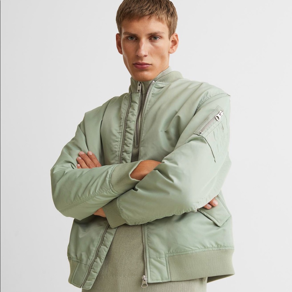 BRAND NEW & UN-OPENED. Padded bomber jacket in sage green nylon.